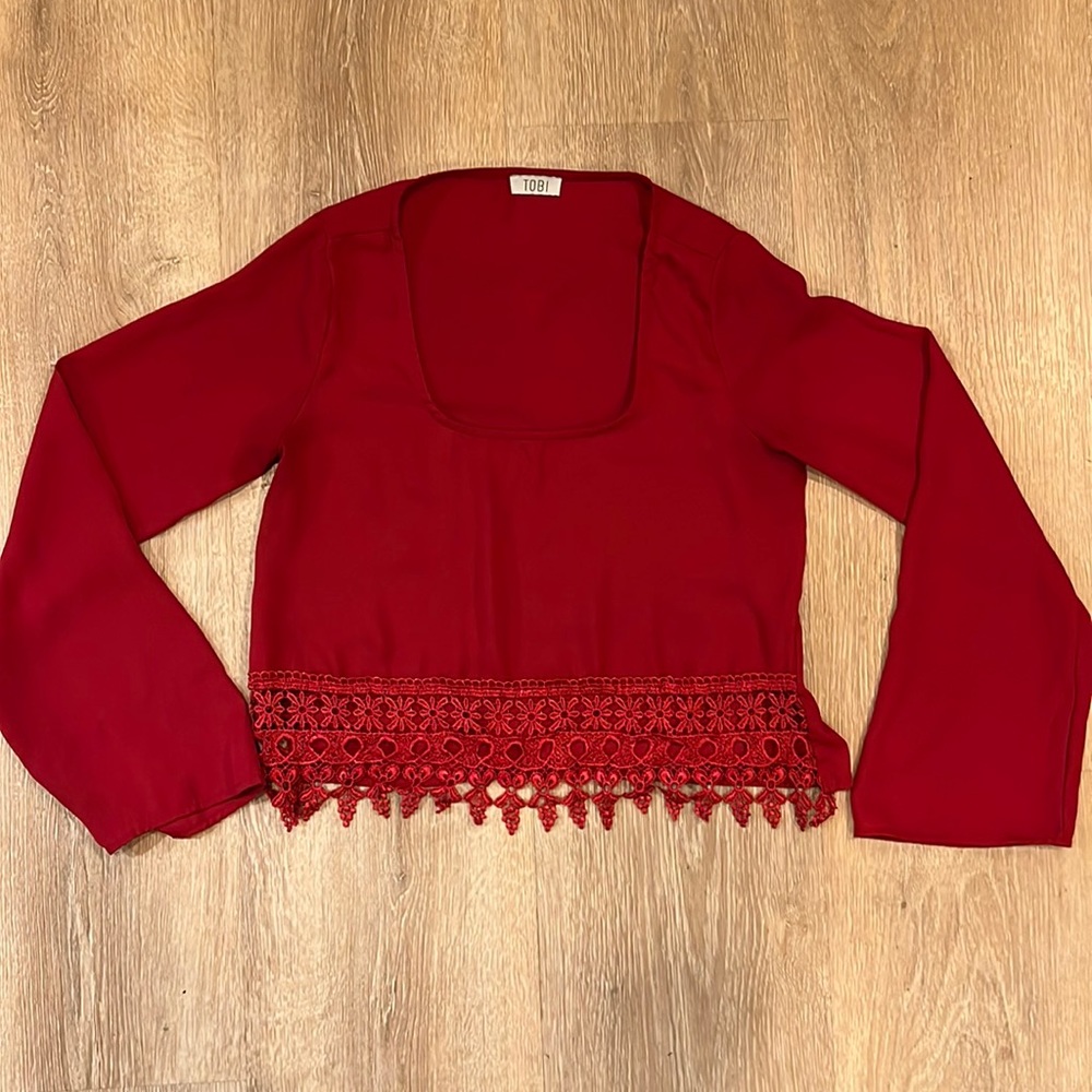 TOBI TBS065 Red Wine Crop Top 100% Polyester Small. Wash inside out